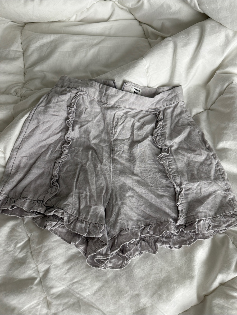 Aritzia Sunday best Light Gray Ruffle Hem Shorts high waisted shirt